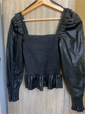 7 For All Mankind Black Faux-Leather Smocked Puff Sleeve Top